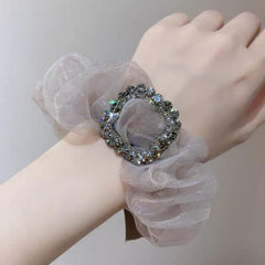 Large Rhinestone Decor Organza Scrunchies Hair Tie