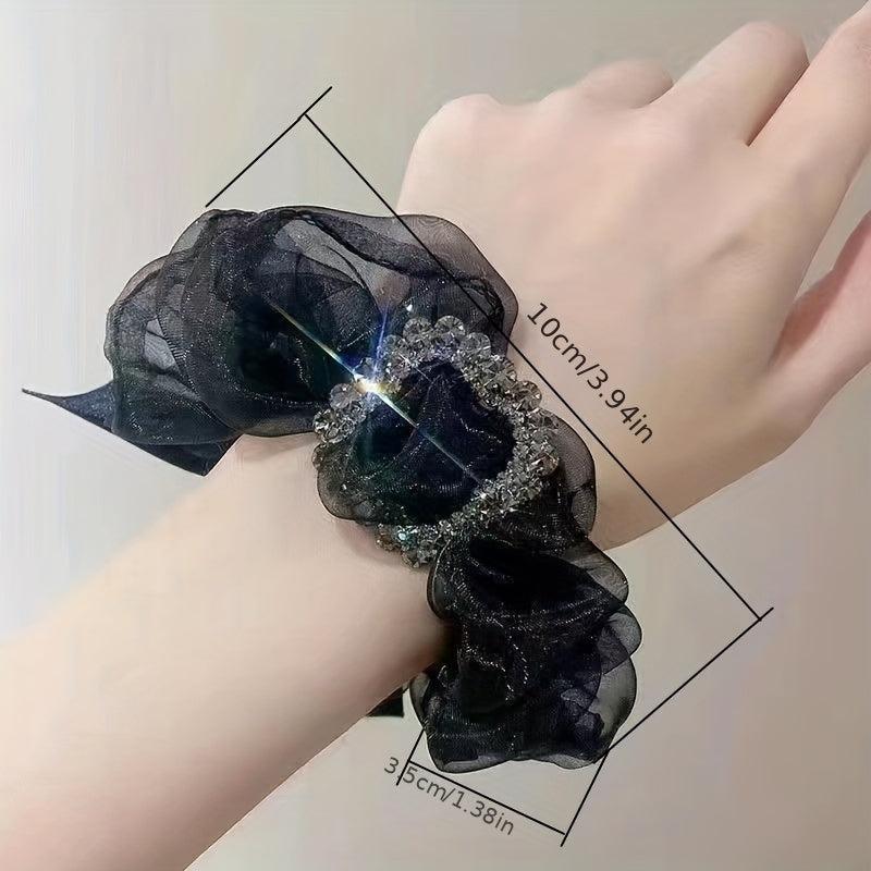 Large Rhinestone Decor Organza Scrunchies Hair Tie