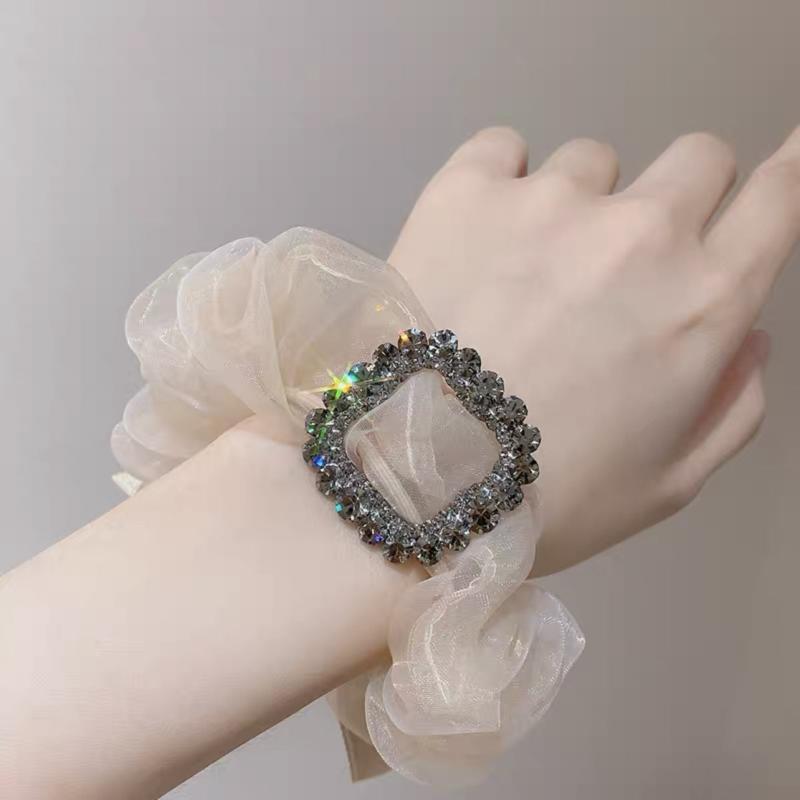 Large Rhinestone Decor Organza Scrunchies Hair Tie