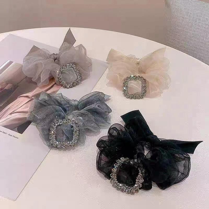 Large Rhinestone Decor Organza Scrunchies Hair Tie