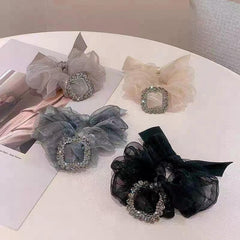 Large Rhinestone Decor Organza Scrunchies Hair Tie