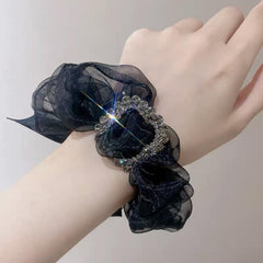 Large Rhinestone Decor Organza Scrunchies Hair Tie