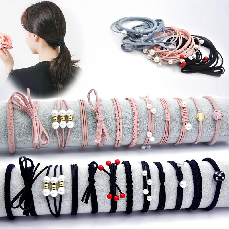 12pcs Hair Tie Set Bow Knotted Hair Rope Pearl Elastic Ponytail Holder