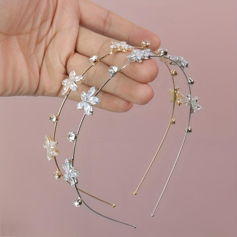 Rhinestone Flower Decor Headband Skinny Head Hoop Metal Headdress
