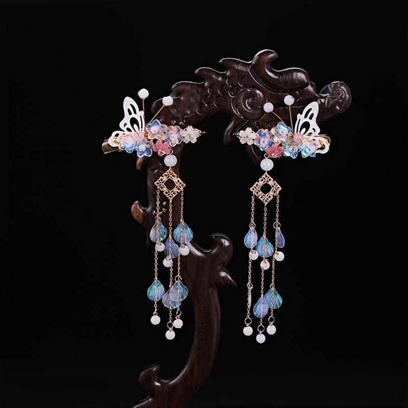 Butterfly Flower Hair Clip with Beads Tassel