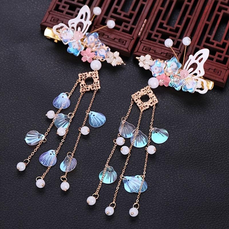 Butterfly Flower Hair Clip with Beads Tassel