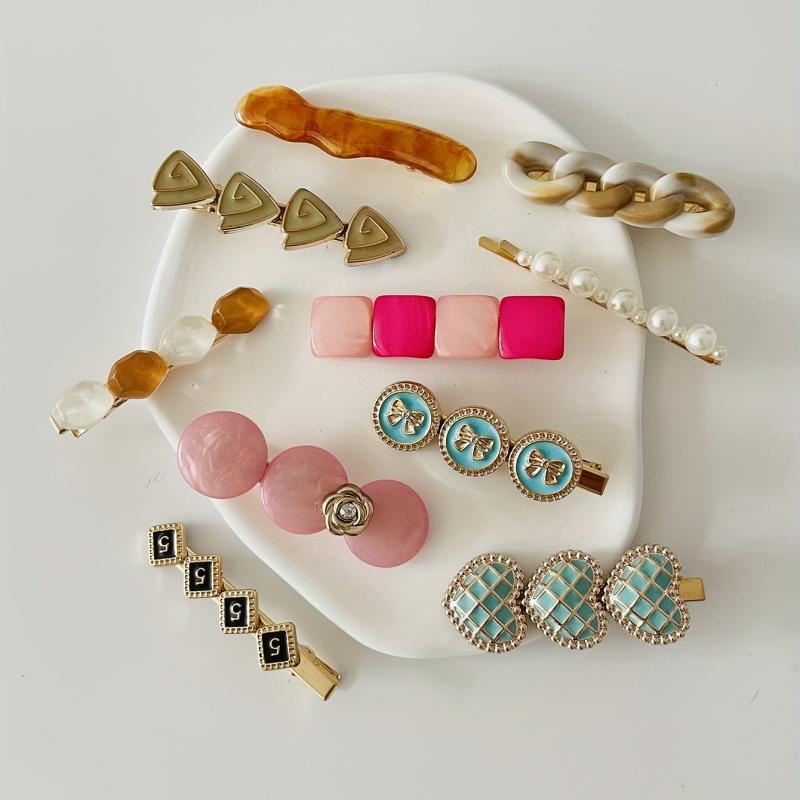 10pcs Faux Pearl Resin Round Decor Hair Clip Flower Duck Bill Clip