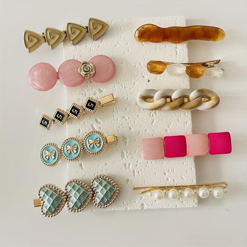 10pcs Faux Pearl Resin Round Decor Hair Clip Flower Duck Bill Clip