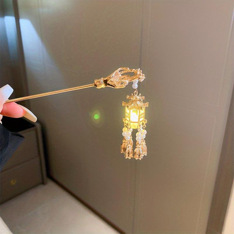 Chinese Style Hairpin With Luminous Lantern Faux Pearl Tassel