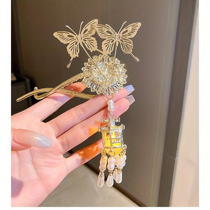Chinese Style Hairpin With Luminous Lantern Faux Pearl Tassel
