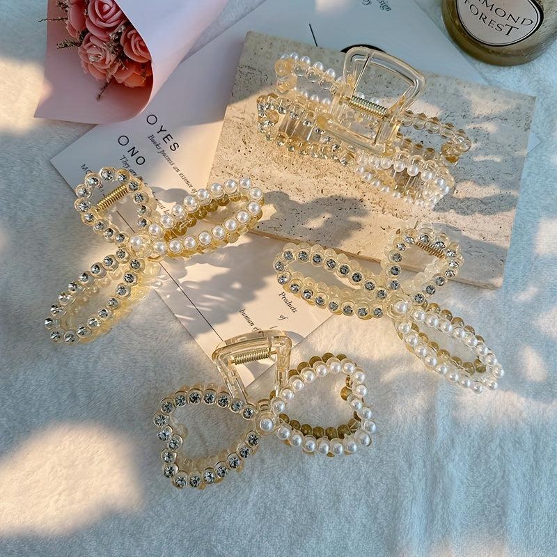 Acrylic Bow Hair Claw Clip Rhinestone Faux Pearl Banana Clip Jaw Clamp