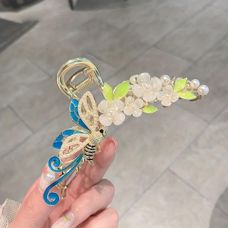 Bee Shape Flower Hair Claw Faux Pearl Insect Series Shark Claw Ponytail Holder