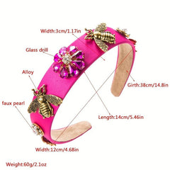 Baroque Rhinestone Flower Headband Metal Bee Decor Head Hoop Wide Headdress