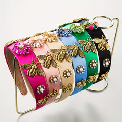 Baroque Rhinestone Flower Headband Metal Bee Decor Head Hoop Wide Headdress
