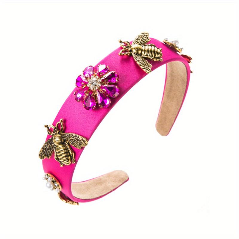 Baroque Rhinestone Flower Headband Metal Bee Decor Head Hoop Wide Headdress