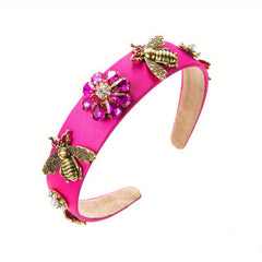 Baroque Rhinestone Flower Headband Metal Bee Decor Head Hoop Wide Headdress