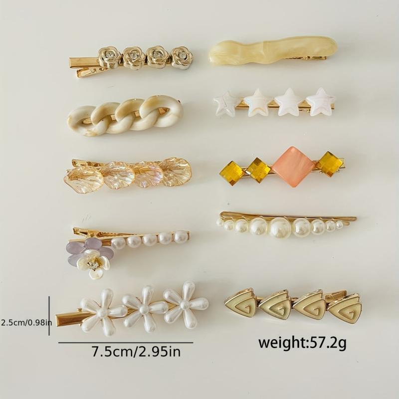 10pcs Women Hair Clip Faux Pearl Resin Decor Clip Duck Billed Clip