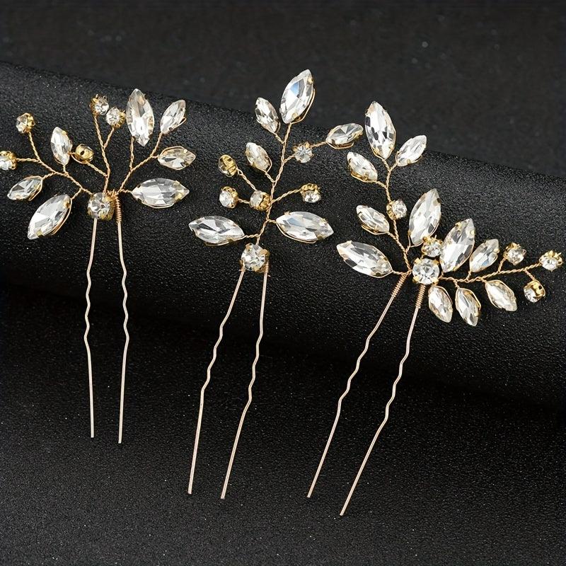 3pcs Crystal Rhinestone Hair Pins Bridal U Shaped Clips Wedding Accessories