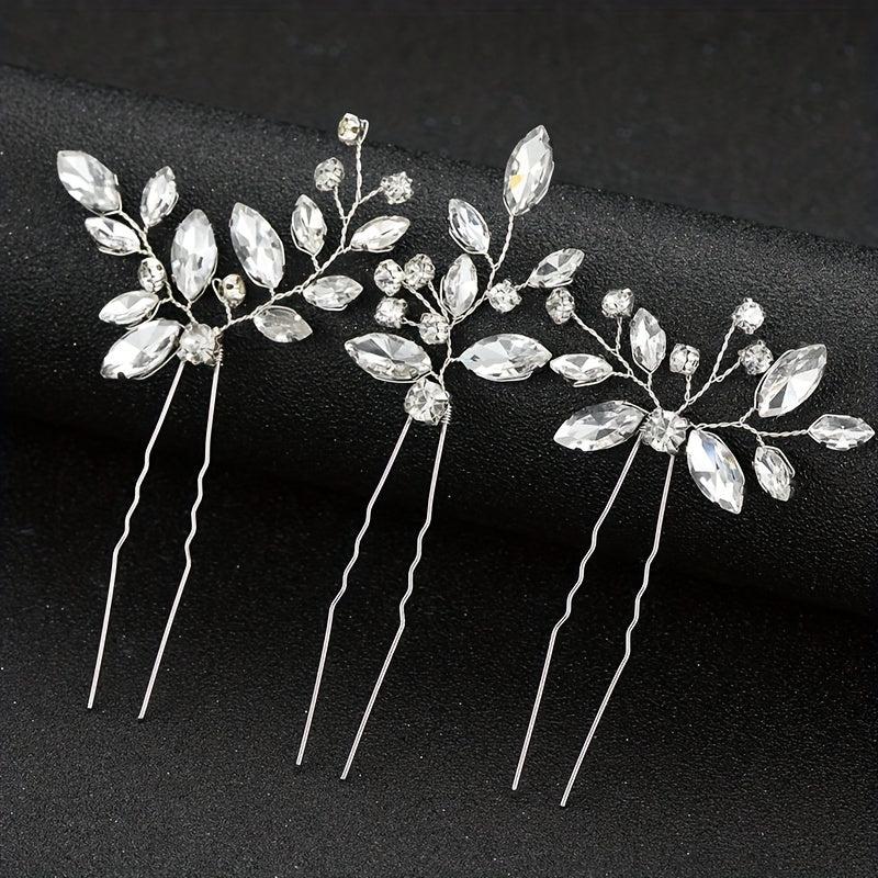 3pcs Crystal Rhinestone Hair Pins Bridal U Shaped Clips Wedding Accessories