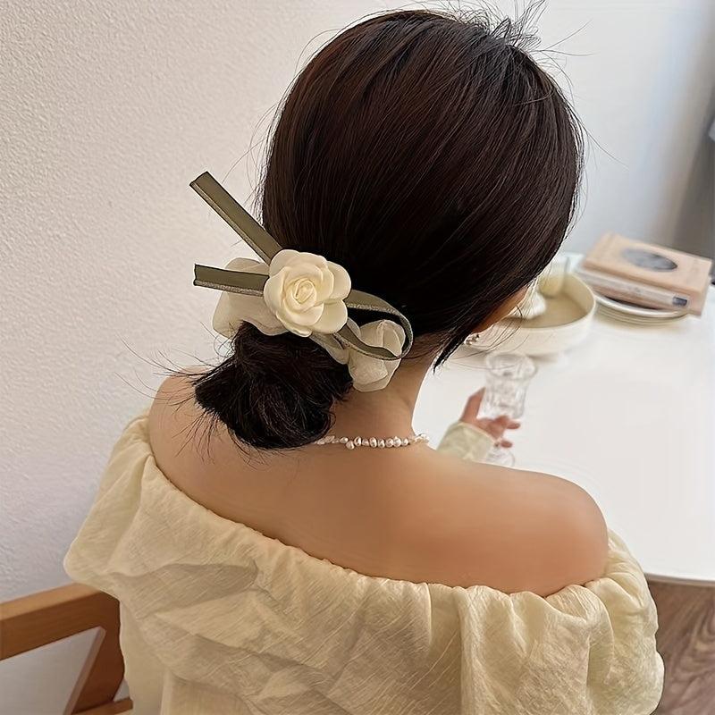 4pcs Ribbon Camellia Scrunchies Hair Ring Hair Tie Hair Accessories
