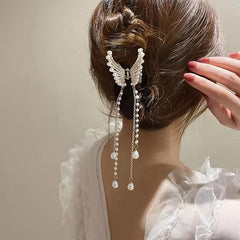Rhinestone Faux Pearl Tassel Hair Claw Clip