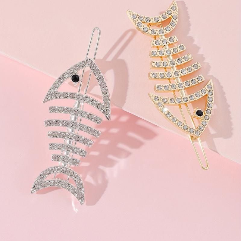 2pcs Rhinestone Fish Bone Hair Clip Alloy Hair Clip For Side Hair