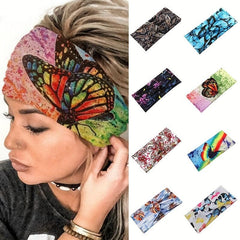 Boho Butterfly Print Headband Stretch Turban Headwear Wide Brimmed