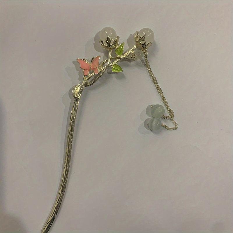 Colorful Butterfly Hair Stick with Faux Pearl Tassel