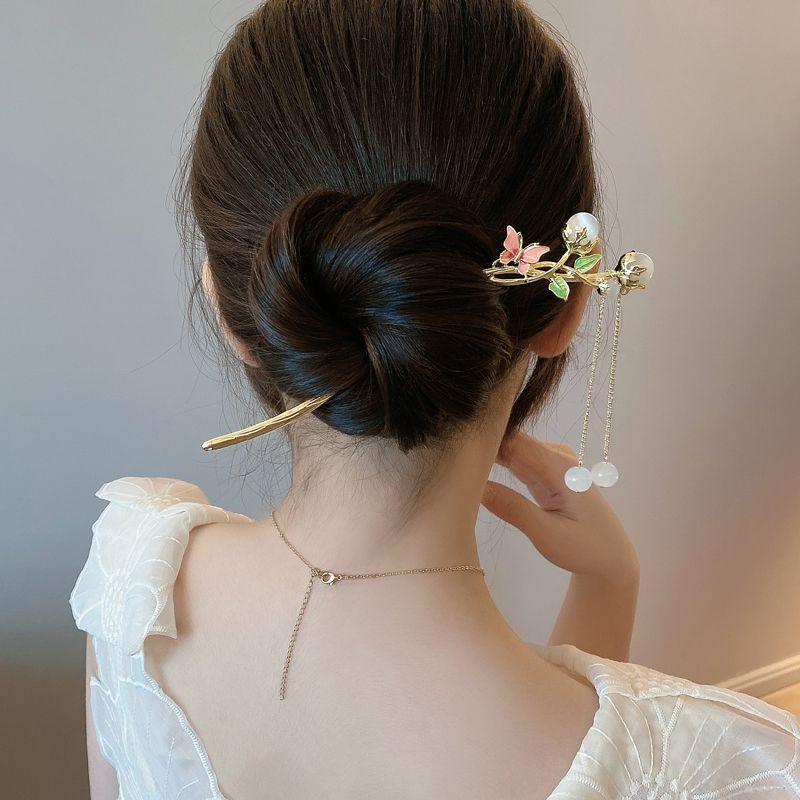 Colorful Butterfly Hair Stick with Faux Pearl Tassel