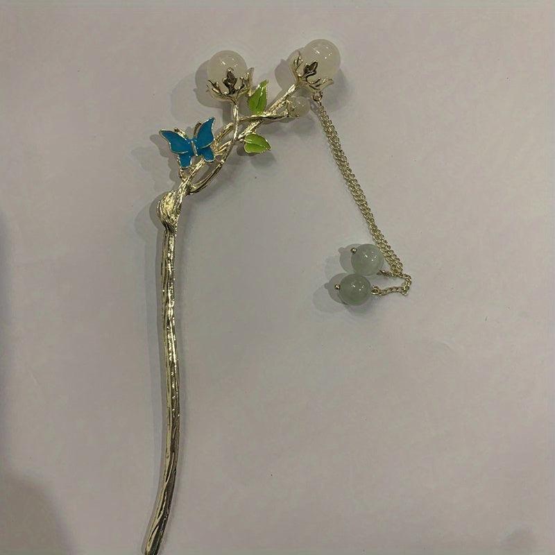 Colorful Butterfly Hair Stick with Faux Pearl Tassel