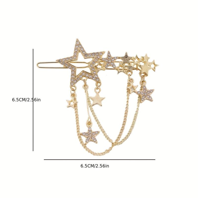 Star Shape Rhinestone Hair Clip with Tassel Chain, Women Hair Accessory