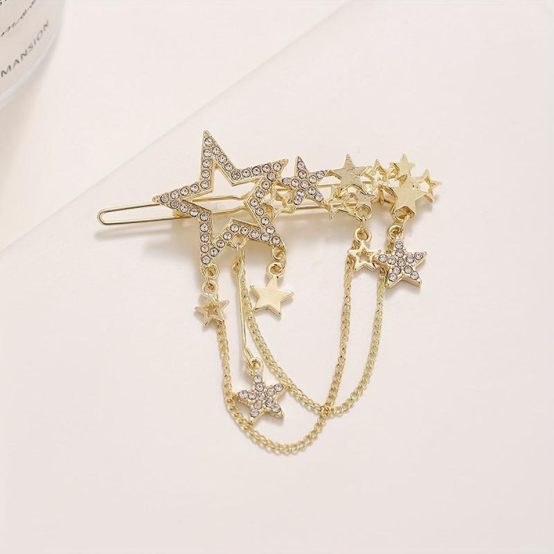 Star Shape Rhinestone Hair Clip with Tassel Chain, Women Hair Accessory