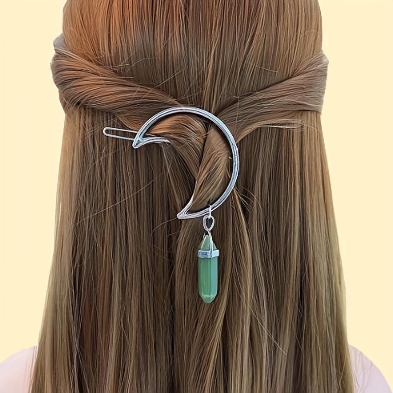 Moon Shape Hair Clip Stone Pillar Pendant Side Clip Head Jewelry