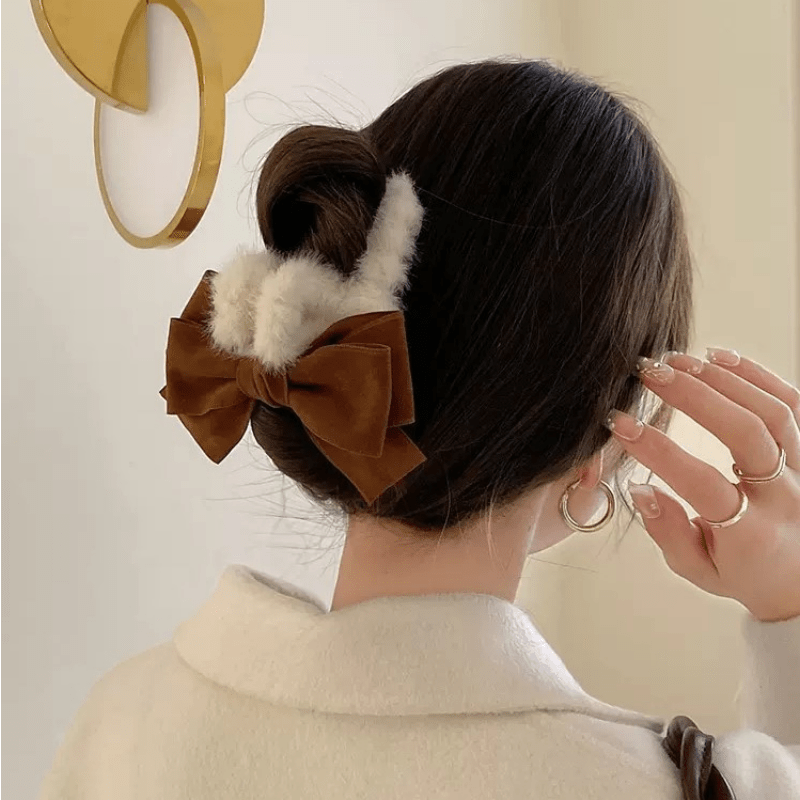 Large Bow Plush Faux Fur Hair Claw Non Slip