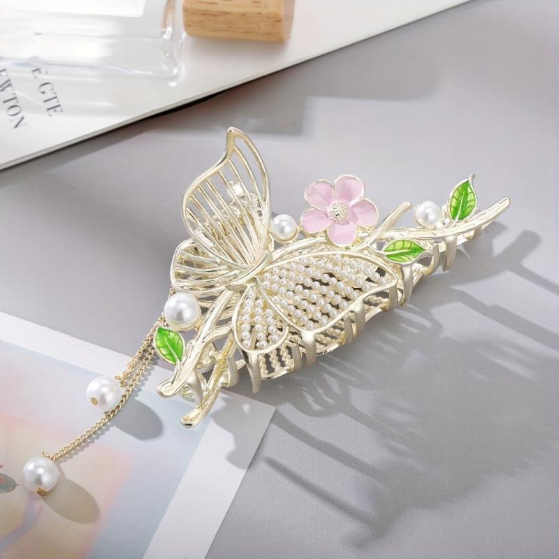 Butterfly Hair Claw with Faux Pearl Tassel Ponytail Holder