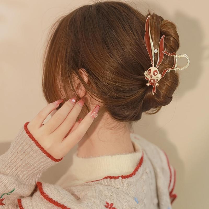 Red Rabbit Hair Claw Rhinestone Tassel Hairpin Girls Hair Accessories