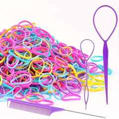 1000pcs Colorful Hair Elastics Set with Hair Loop Styling Tool