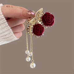 Red Rose Hair Claw Faux Pearl Tassel Ponytail Holder Nonslip