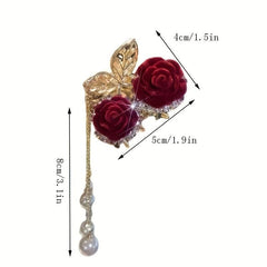 Red Rose Hair Claw Faux Pearl Tassel Ponytail Holder Nonslip