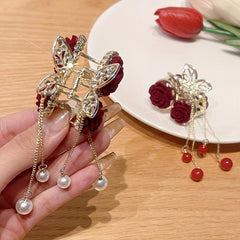 Red Rose Hair Claw Faux Pearl Tassel Ponytail Holder Nonslip