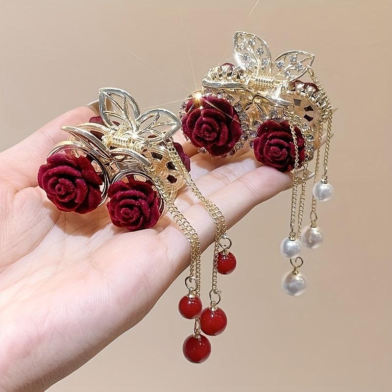 Red Rose Hair Claw Faux Pearl Tassel Ponytail Holder Nonslip