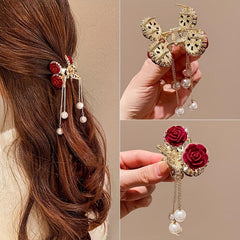 Red Rose Hair Claw Faux Pearl Tassel Ponytail Holder Nonslip
