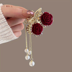 Red Rose Hair Claw Faux Pearl Tassel Ponytail Holder Nonslip