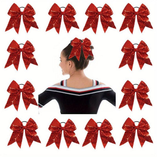 12PCS Glitter Cheer Hair Bows Ponytail Holder Elastic Band For Teen Girls Sports