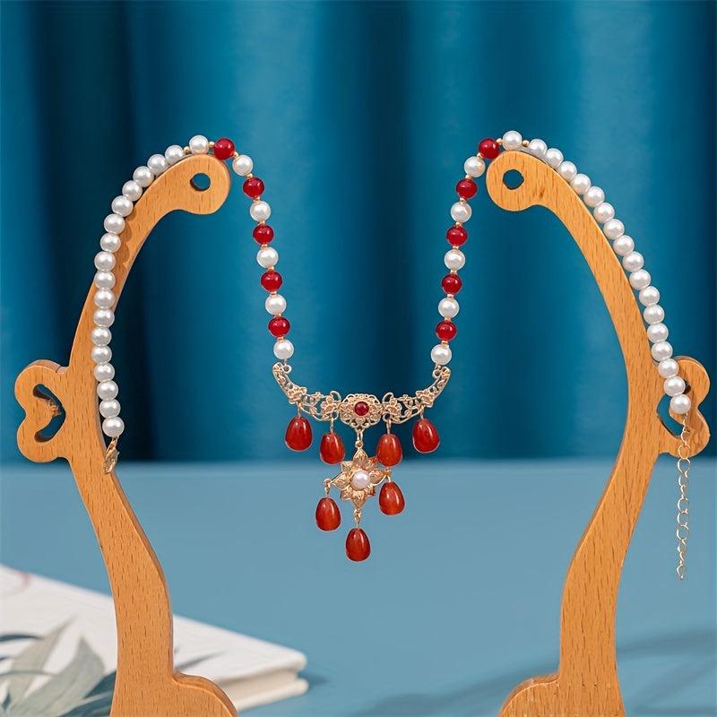 Vintage Faux Pearl Necklace with Red Agate Pendant Cheongsam Accessories