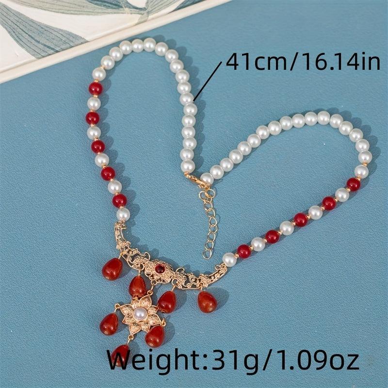 Vintage Faux Pearl Necklace with Red Agate Pendant Cheongsam Accessories