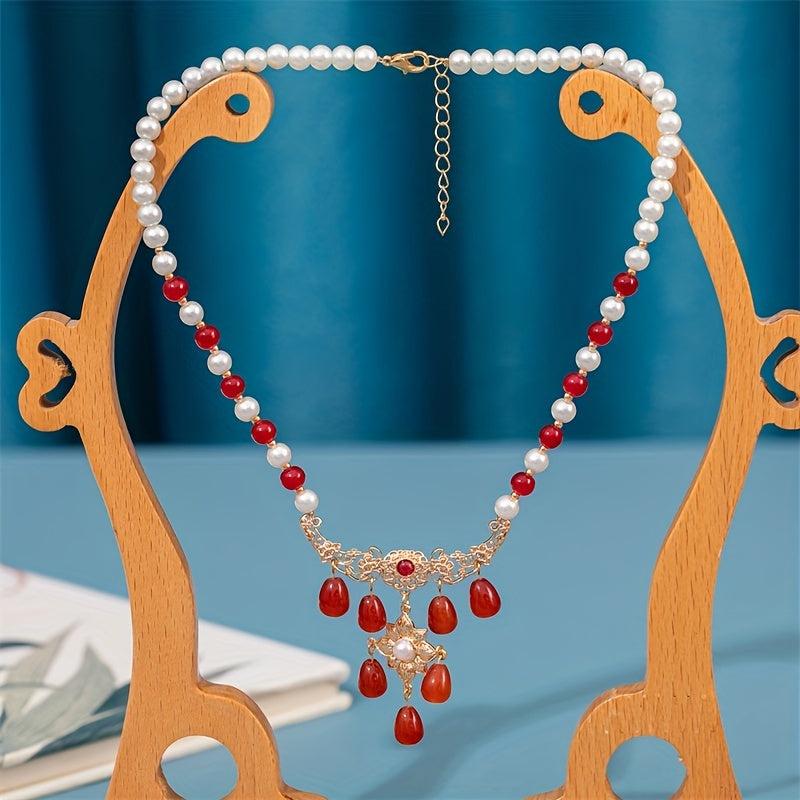 Vintage Faux Pearl Necklace with Red Agate Pendant Cheongsam Accessories