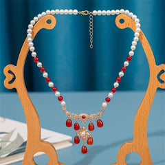 Vintage Faux Pearl Necklace with Red Agate Pendant Cheongsam Accessories