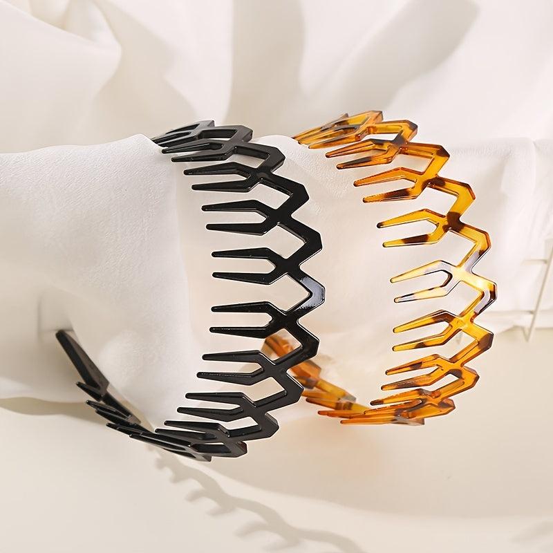 2pcs Wavy Long Tooth Wide Hairband Solid Tortoiseshell Non slip Headband