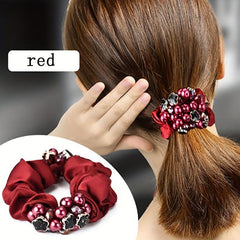 Red Flower Beaded Silky Scrunchies Hair Tie Faux Pearl Hair Rope Satin Hair Ring